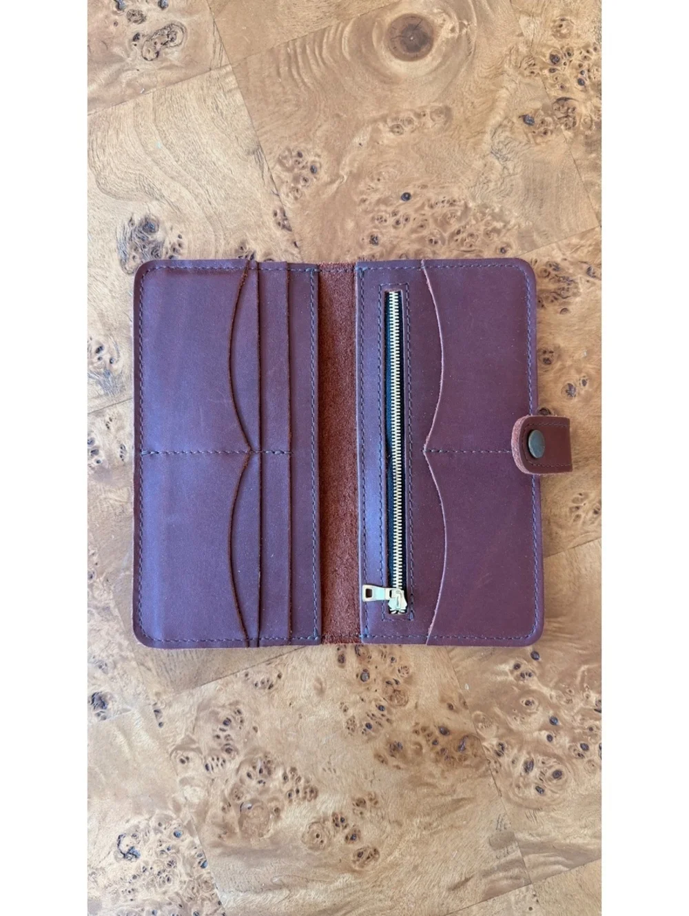 Portland Leather Goods Brown Leather Wallet with Snap Closure and Zipper Pocket